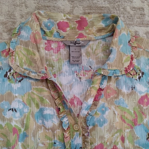 IB Diffusion Floral Ruffle Swiss Dot Button Down Top L Pink Mauve Blue - Picture 11 of 16